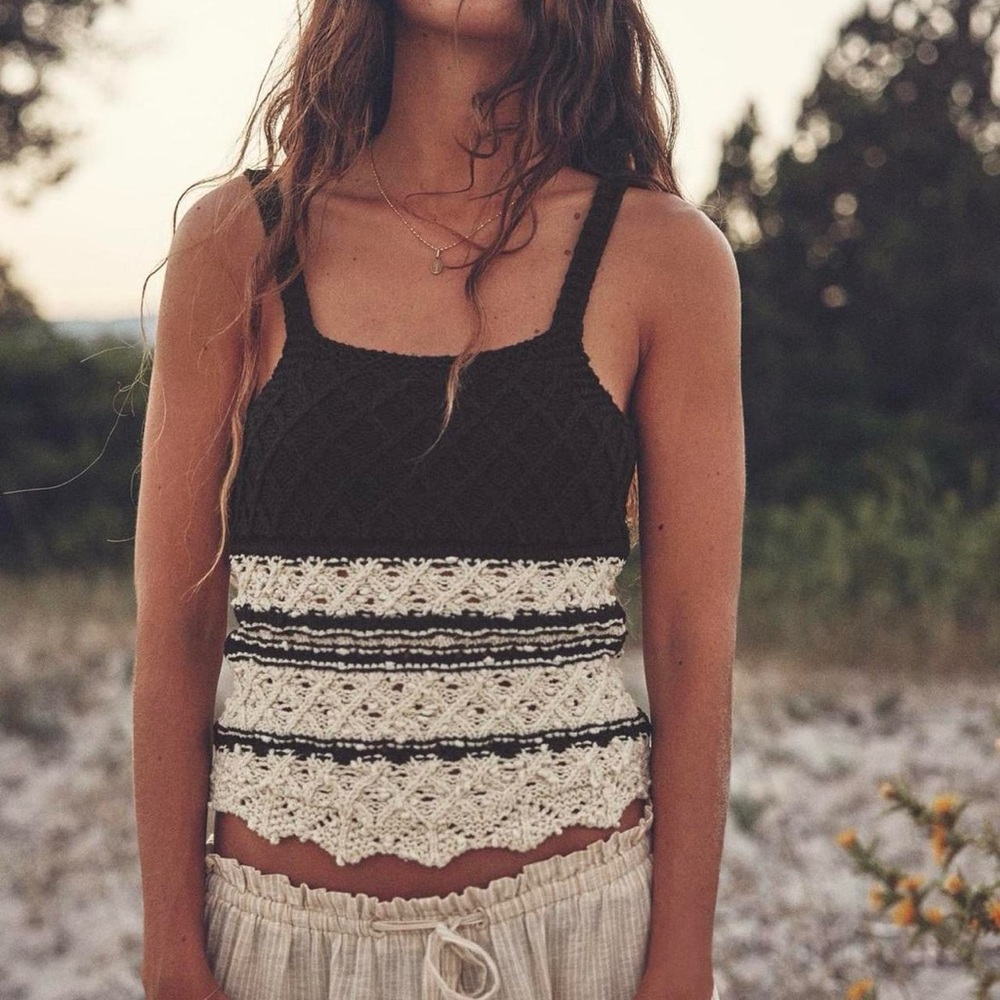 zara black white and cream knit crochet colorblock cami tank top